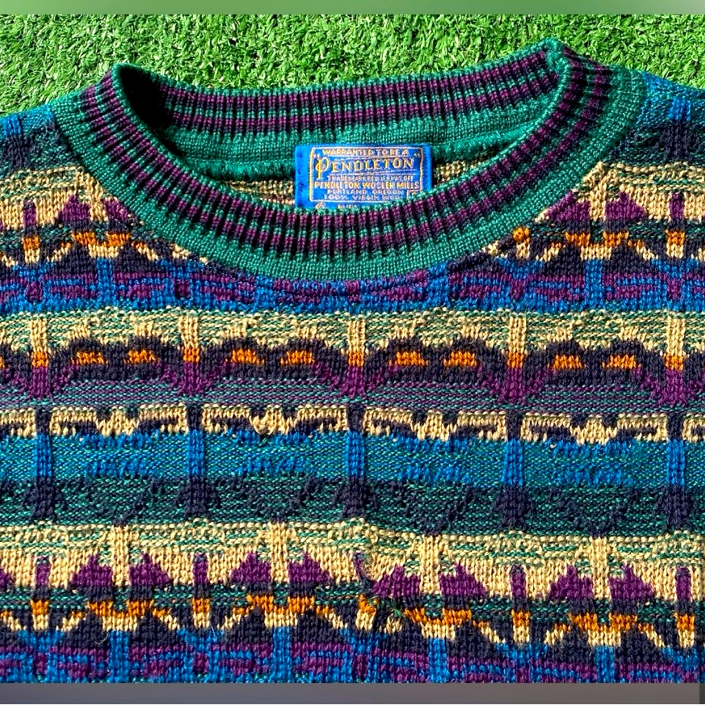 Vtg 90s Pendleton Virgin Wool Colorful Patterned Sweater Mens Medium Usa Made